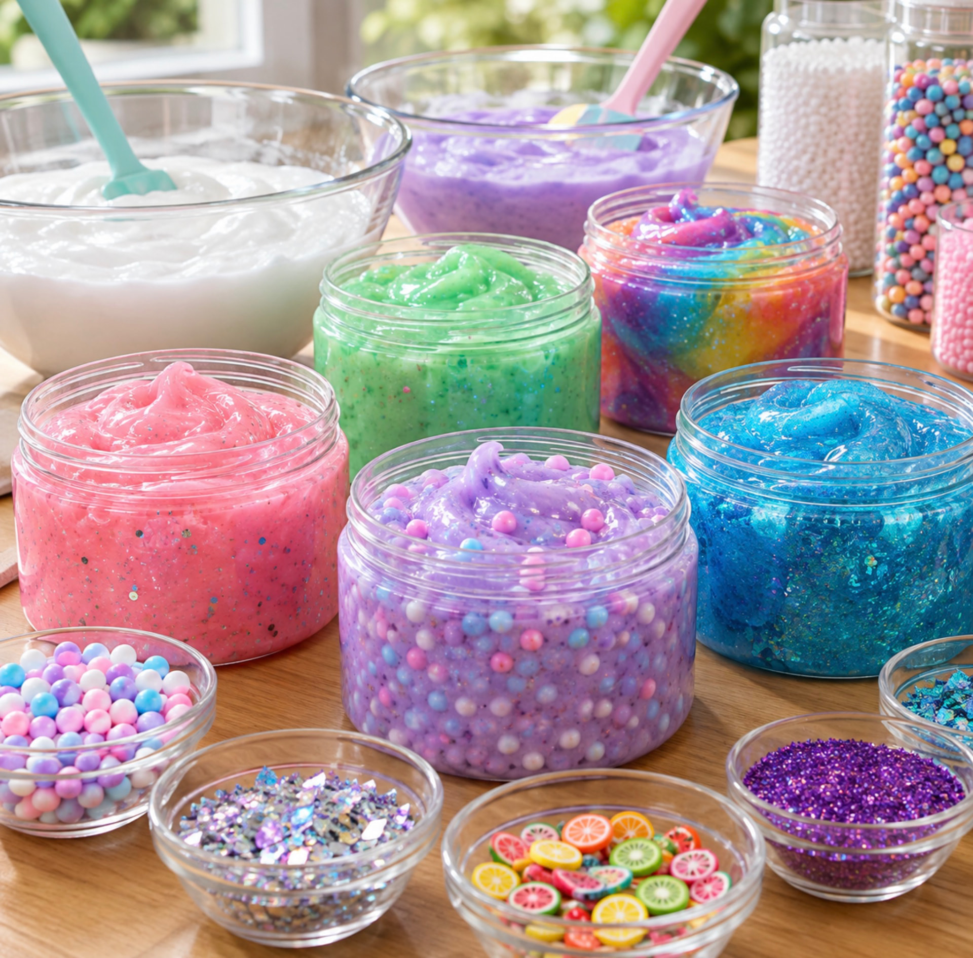 Jars of colorful homemade slime with bowls of beads and glitter