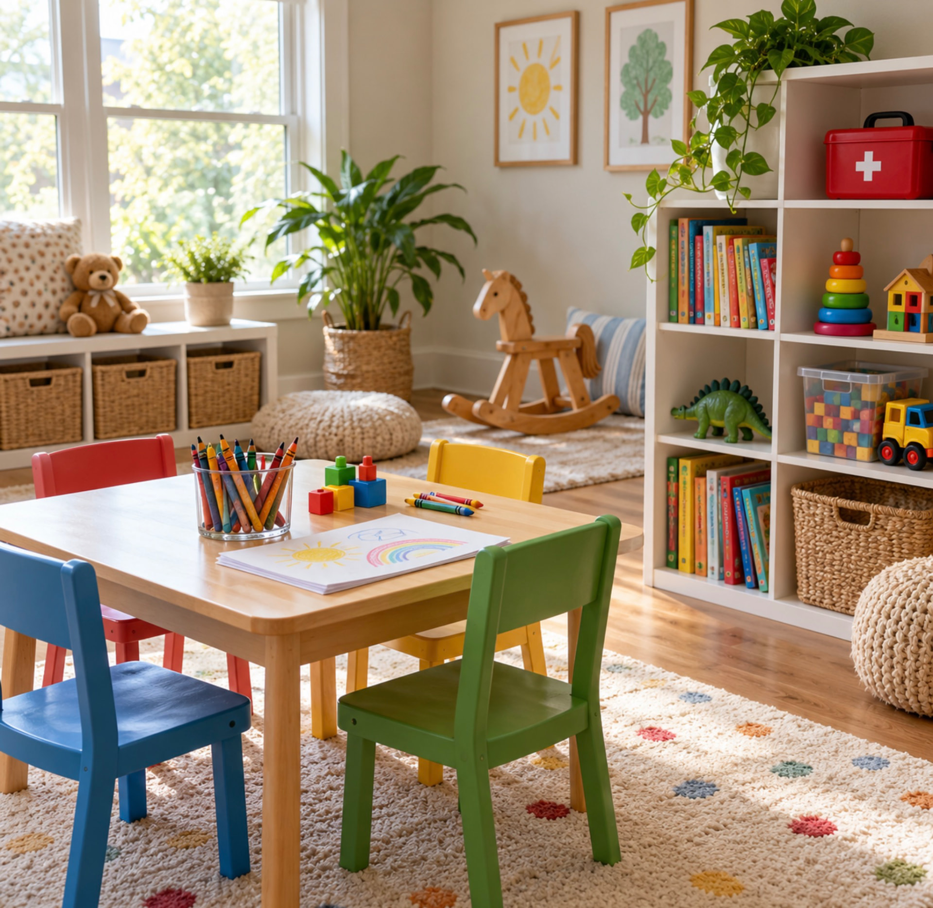 A bright playroom with a small table, crayons, books and toys
