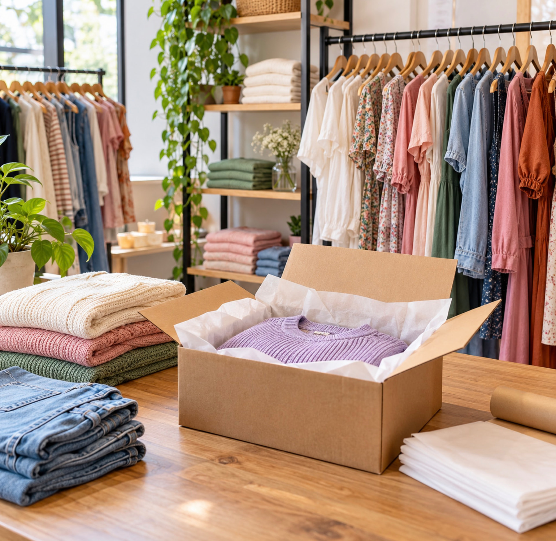A clothing shop with racks of clothes and a sweater packed in a box