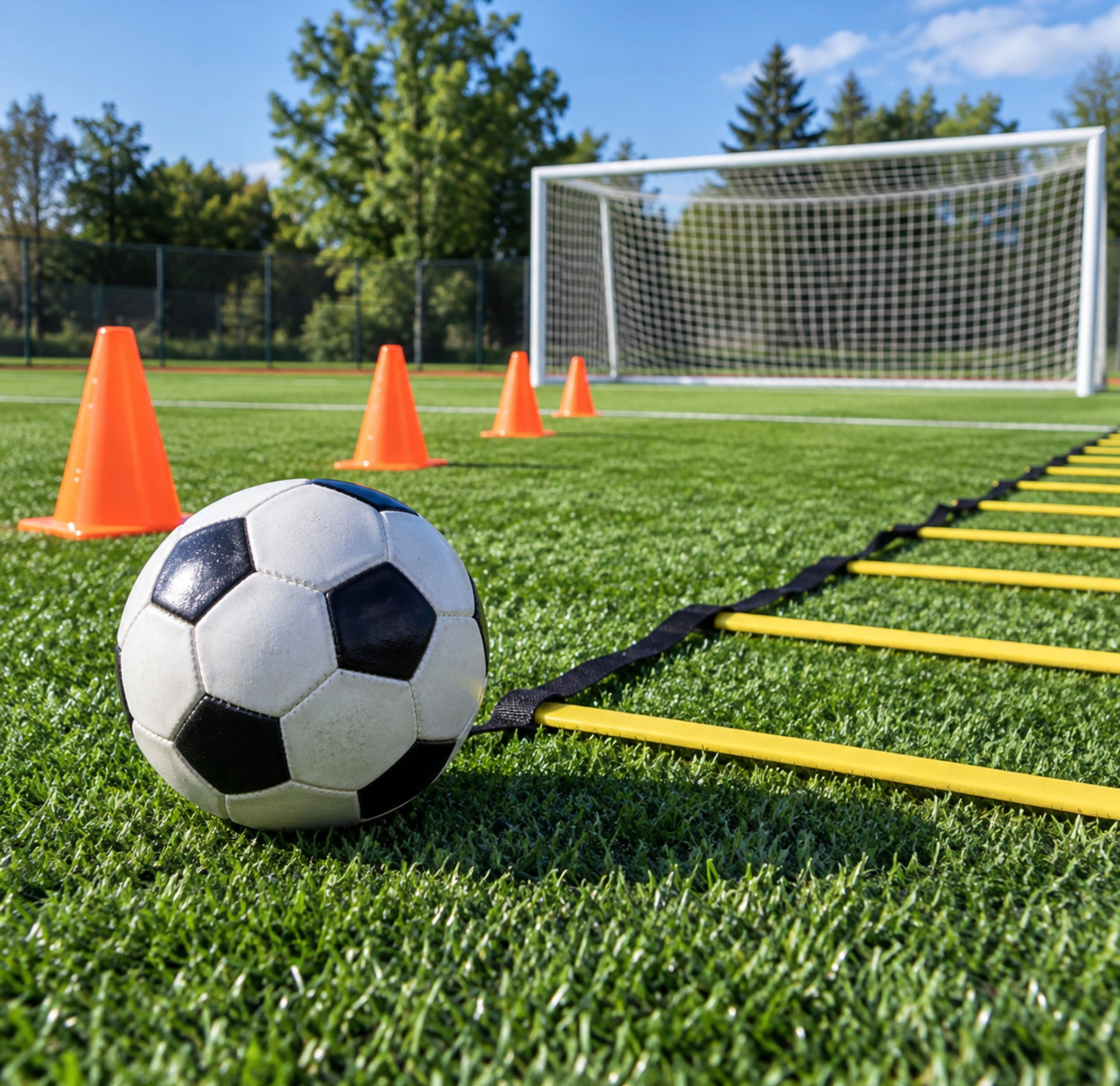 A soccer ball, cones and agility ladder set up on a training field